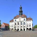 Ein historisches Rathaus mit Glockenturm an einem sonnigen Tag, umgeben von Gebäuden und Bäumen auf einem Kopfsteinpflasterplatz.