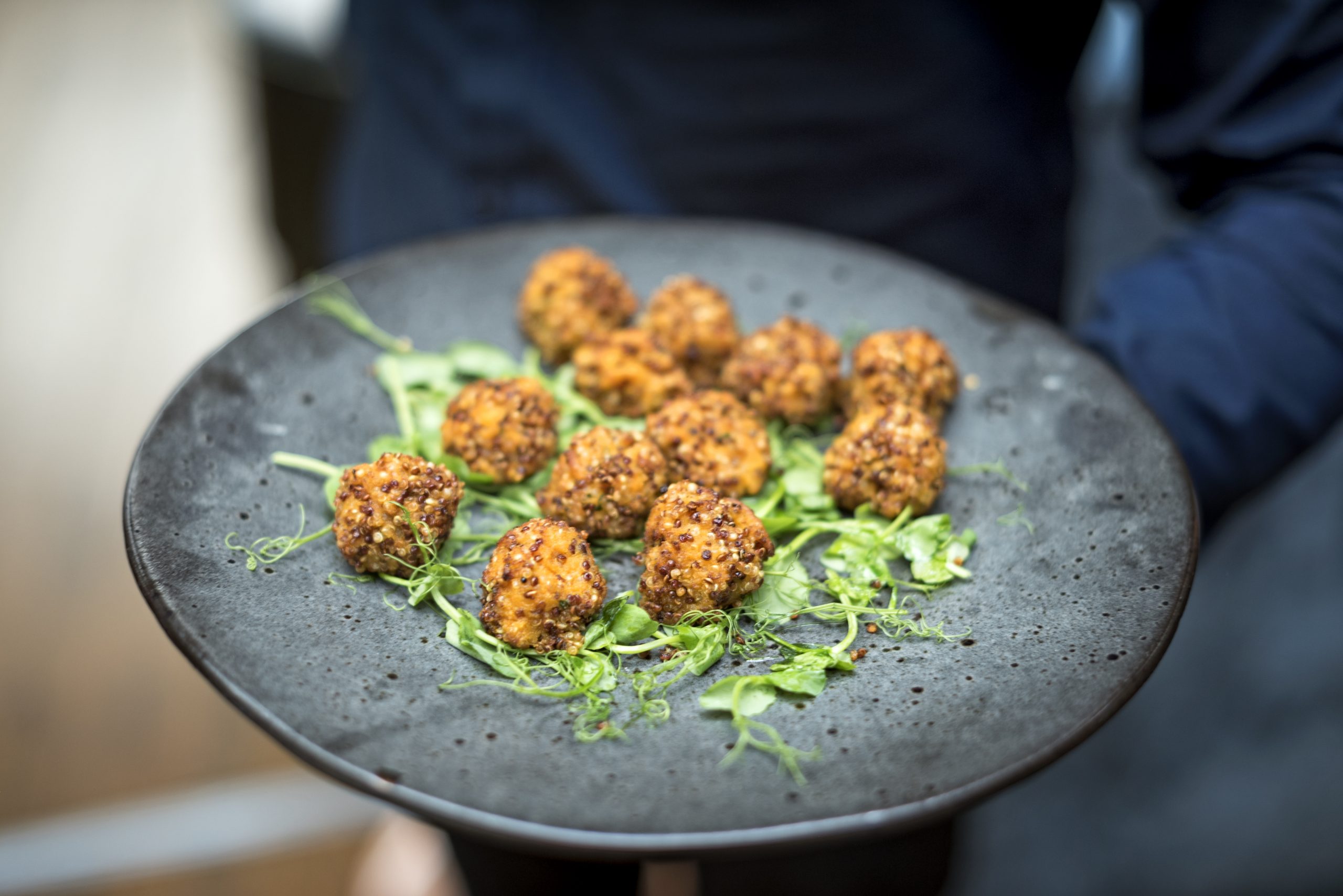 Ein dunkler Teller mit Quinoa-Bällchen wird auf einem Bett aus frischem Grün serviert und bietet einen exquisiten Hauch von Erlebnisgastronomie.