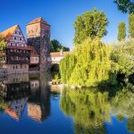 Malerische Aussicht auf eine historische Wassermühle und eine Brücke über einen ruhigen Fluss, umgeben von üppigem Grün unter einem klaren blauen Himmel.