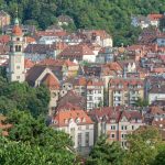 Malerische Aussicht auf eine europäische Stadt mit roten Dächern, einer Kirche und üppigem Grün im Hintergrund.