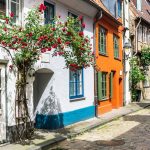 Charmante Kopfsteinpflasterstraße mit bunten Häusern und blühenden Rosenbüschen an einem sonnigen Tag.