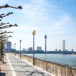 Uferpromenade mit beschnittenen Bäumen, Bänken und der Skyline der Stadt mit einem markanten Turm an einem klaren Tag.