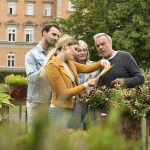 Vier Personen, die sich mit der Vermittlung beschäftigen, studieren gemeinsam eifrig ein Dokument in einem Garten mit einer reizvollen Backsteingebäudekulisse, die an die Kulisse einer Eat the World-Tour erinnert.