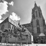 Schwarzweißfoto einer gotischen Kathedrale in der Frankfurter Innenstadt mit einem hohen Glockenturm und Bäumen davor – ein idealer Ausgangspunkt für eine Historische Tour.